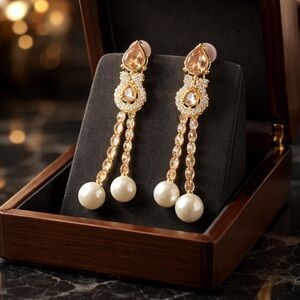 Gold Pearl Drop Earrings with Champagne Crystals